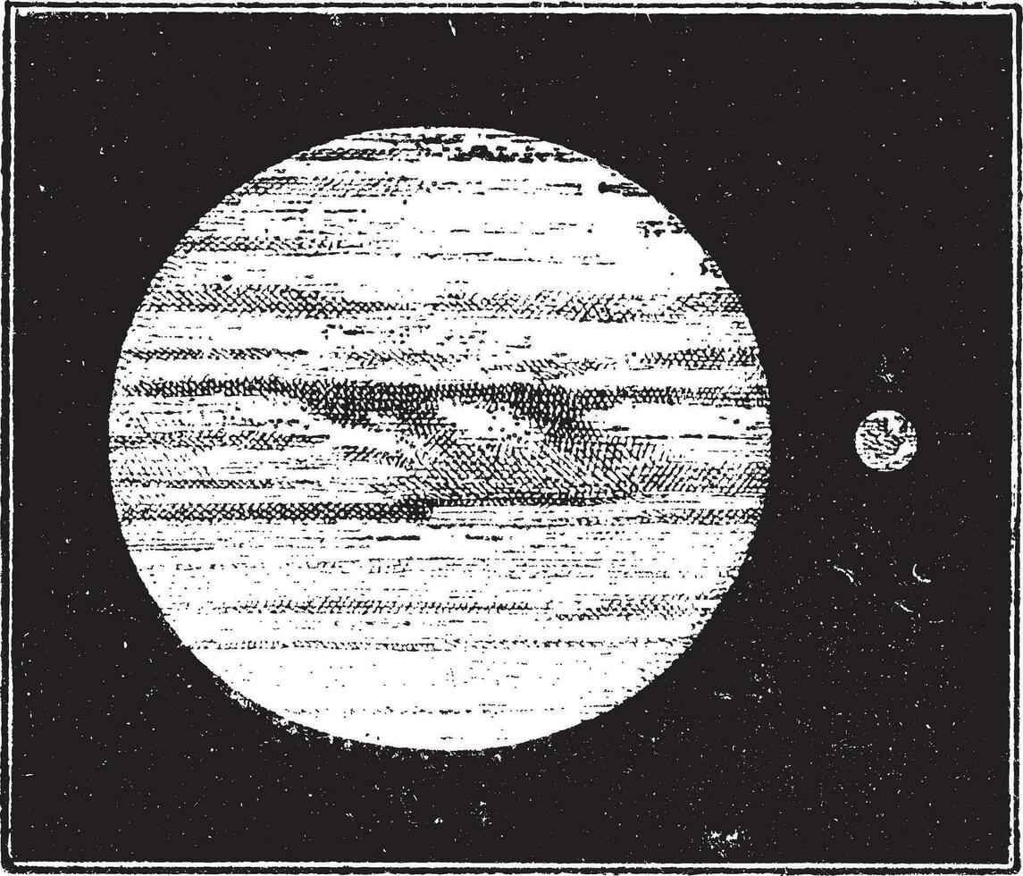 Jupiter en aarde, dimensies vergeleken, wijnoogst gravure. vector