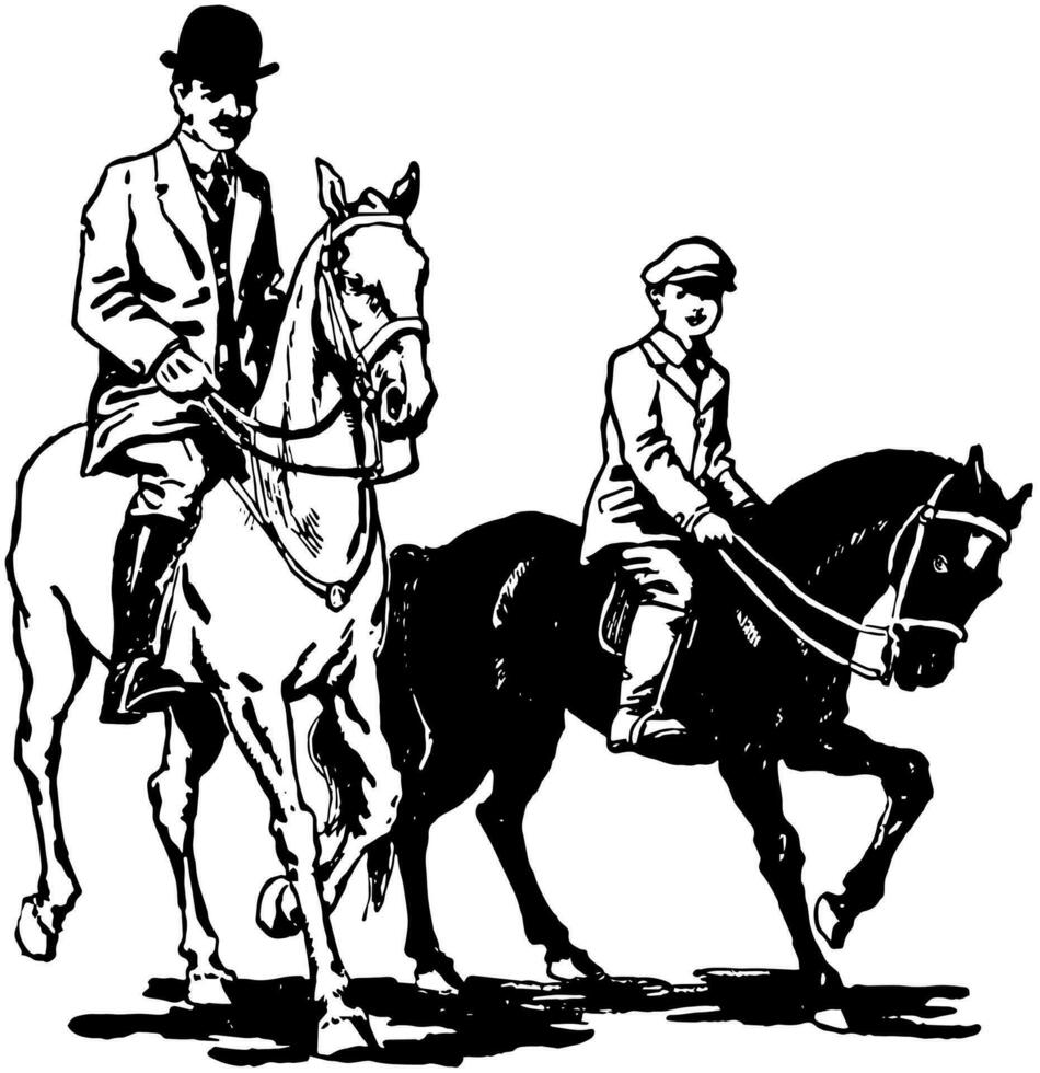 Mens en jongen rijden paarden wijnoogst illustratie. vector