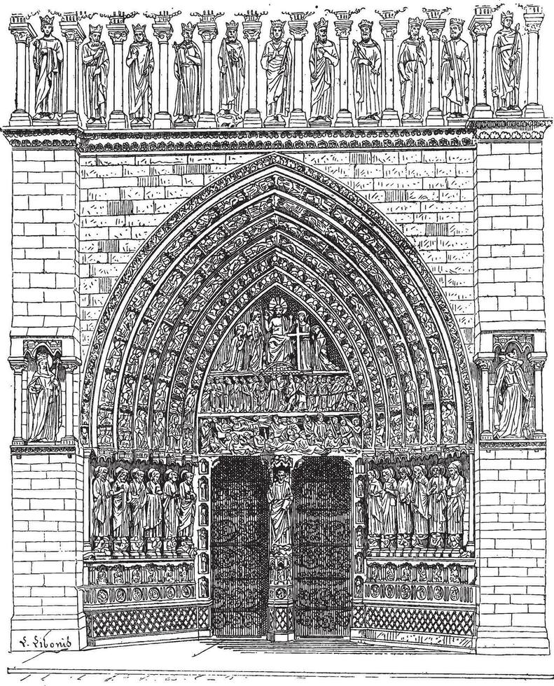 deur, midden- van de voorkant van Notre Dame de Parijs of notre lady kathedraal, wijnoogst gravure. vector