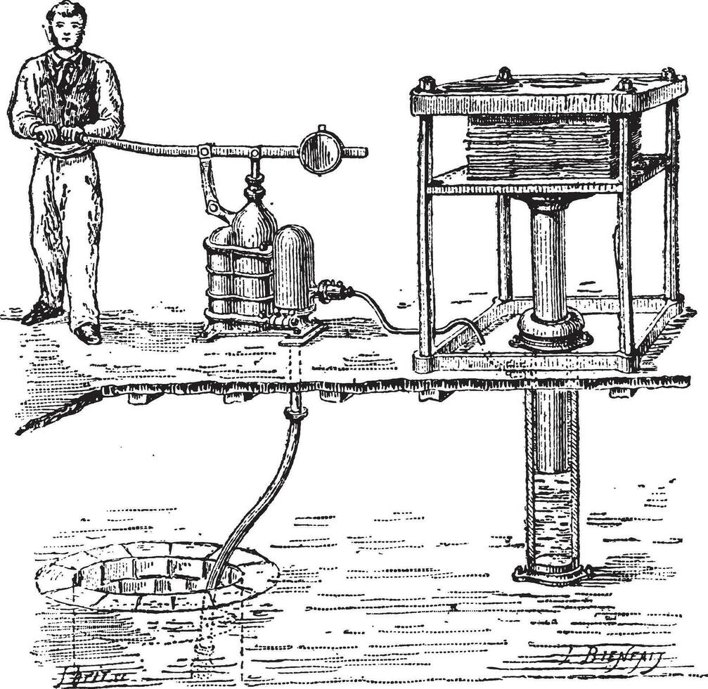 hydraulisch druk op of bramah druk op wijnoogst gravure vector