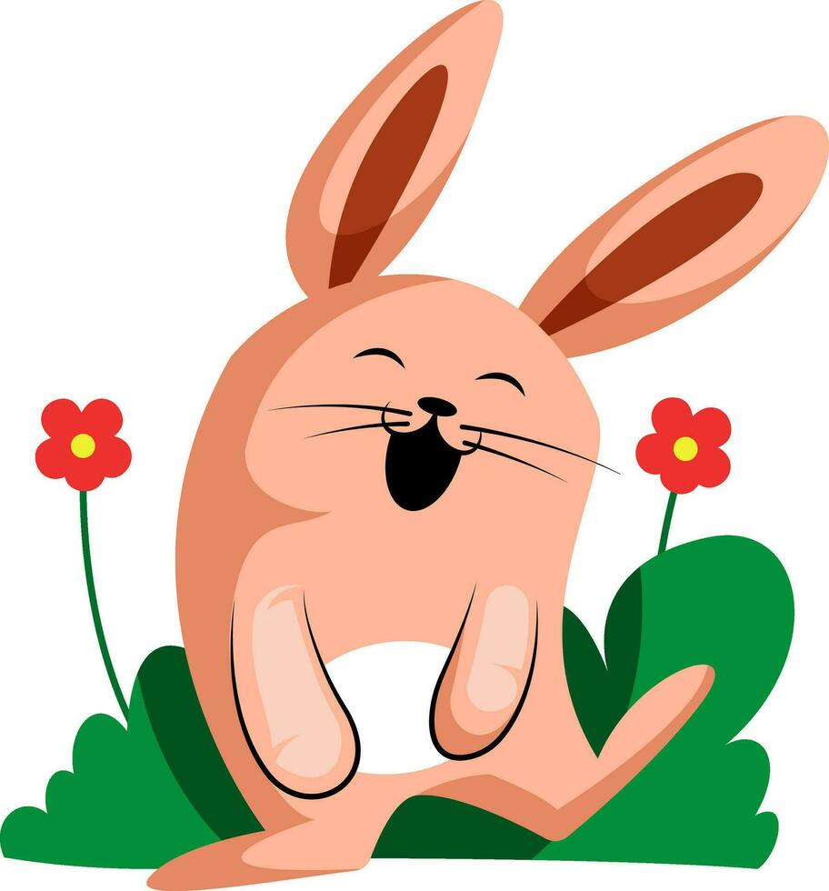 gelukkig Pasen konijn glimlachen in voorkant van bloemen illustratie web vector Aan wit achtergrond