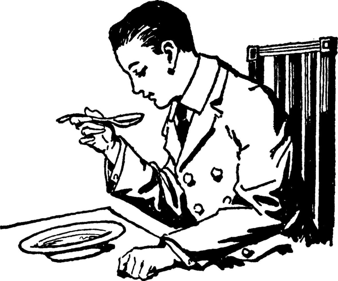 Mens aan het eten soep Bij tafel, wijnoogst illustratie vector