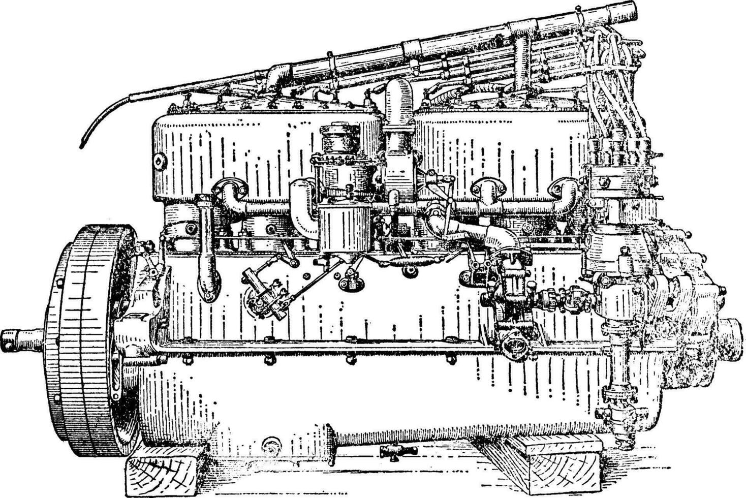 carburator kant visie van zes cilinder broodjes royce motor, wijnoogst illustratie. vector
