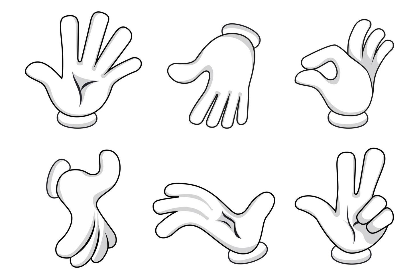 schattig, mooi, komisch, mascotte, hand, set, met, anders, pose, en, positie, met, vingers, geïsoleerde, op wit, achtergrond vector