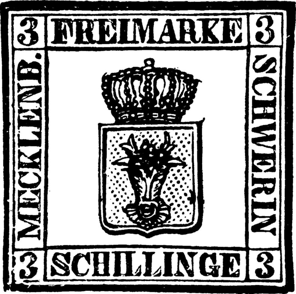 mecklenburg schwerin 3 schilling postzegel in 1856, wijnoogst illustratie. vector