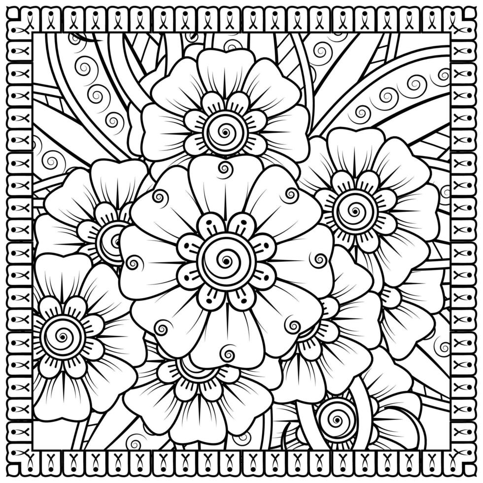 schets vierkant bloemenpatroon in mehndi-stijl voor het kleuren van de boekpagina vector