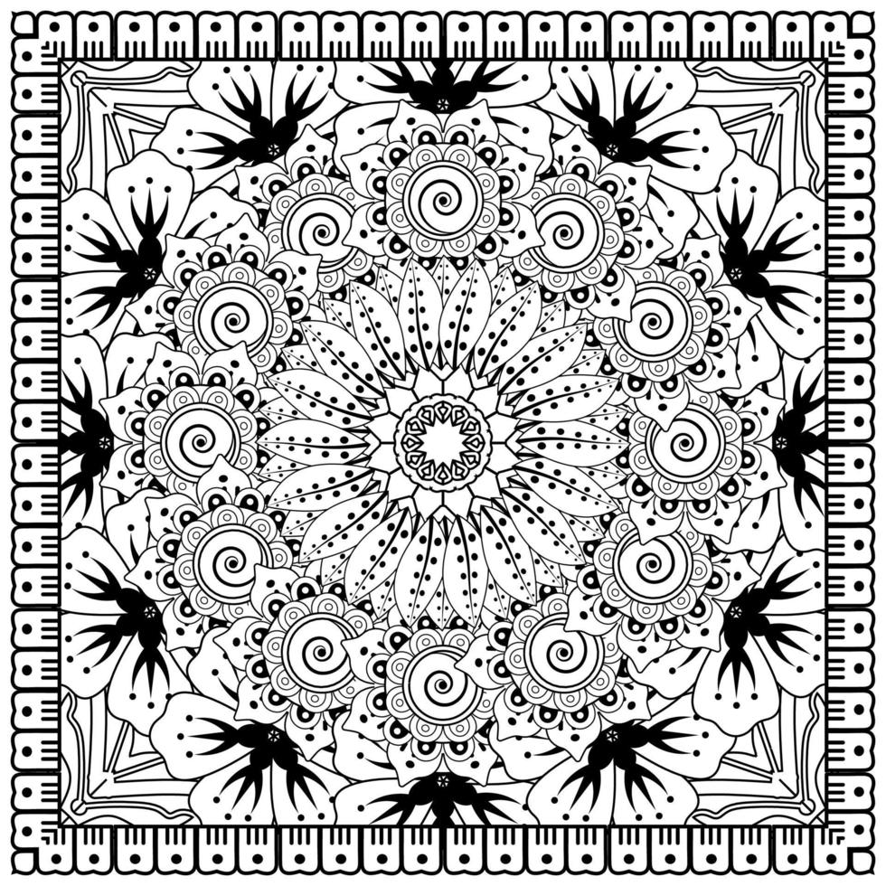 schets vierkant bloemenpatroon in mehndi-stijl voor het kleuren van de boekpagina vector