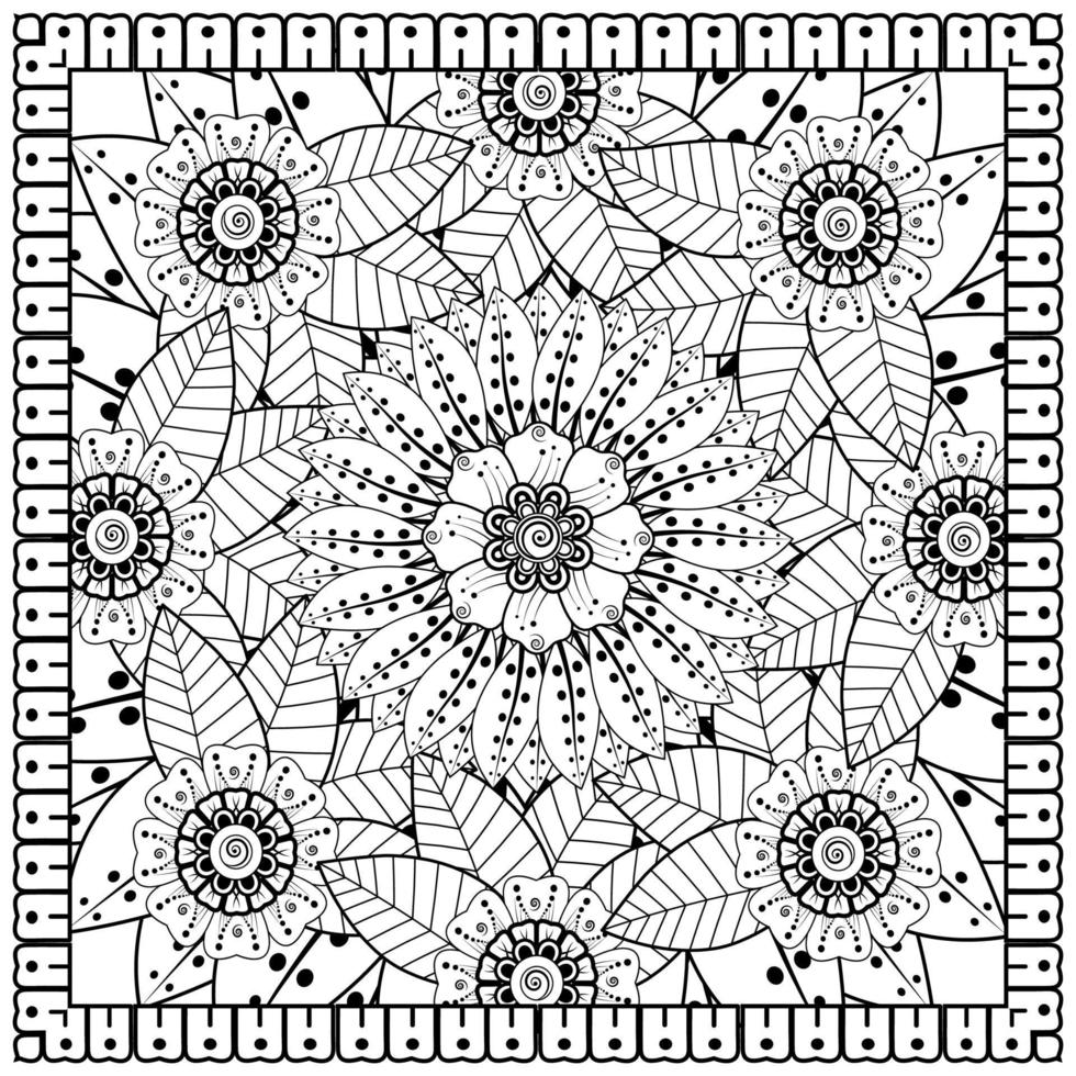 schets vierkant bloemenpatroon in mehndi-stijl voor het kleuren van de boekpagina vector