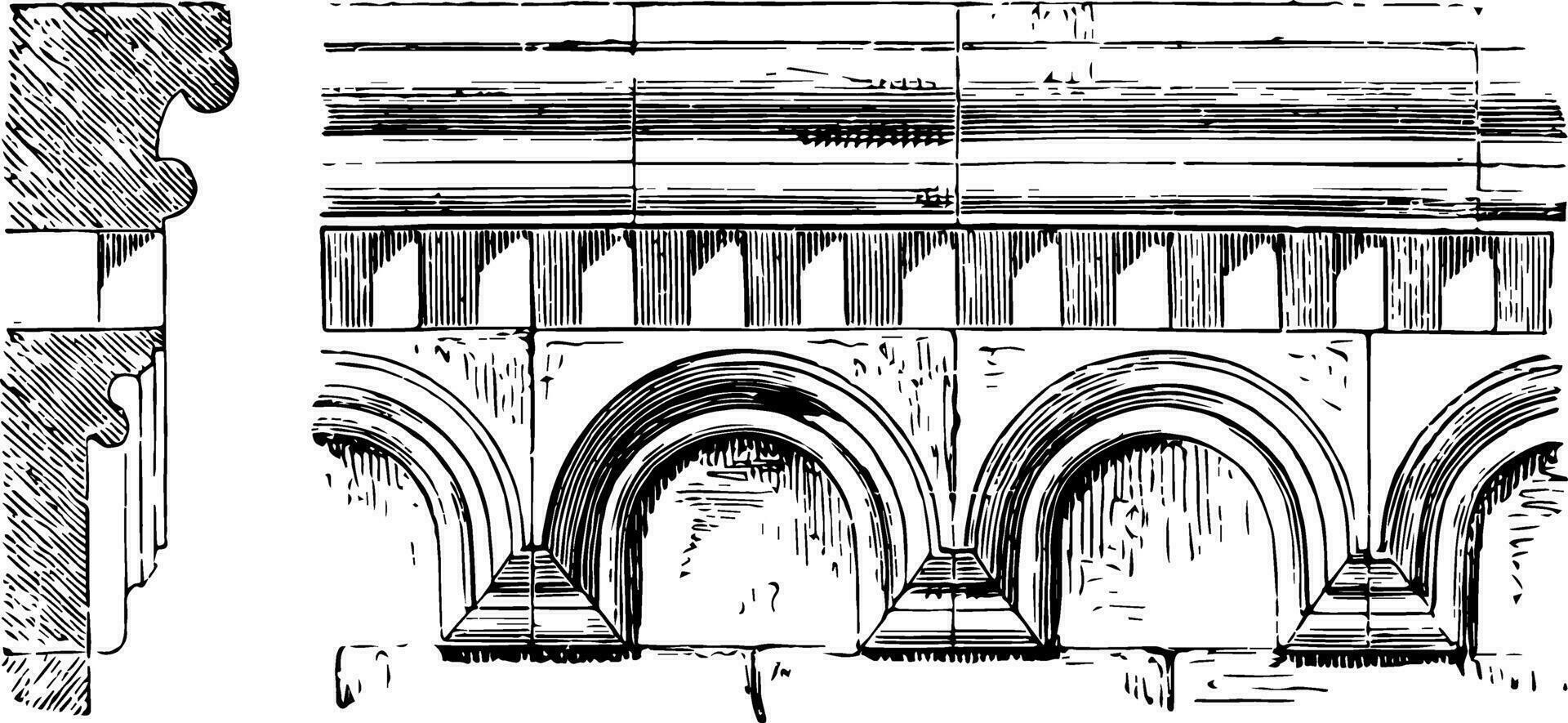 arcaden kroonlijst veelhoekige einde van een koor of kapel wijnoogst gravure. vector