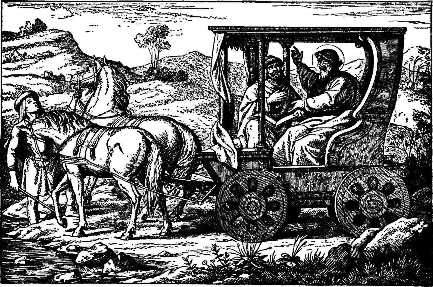philip spreekt met een Ethiopisch eunuch in zijn wagen wijnoogst illustratie. vector