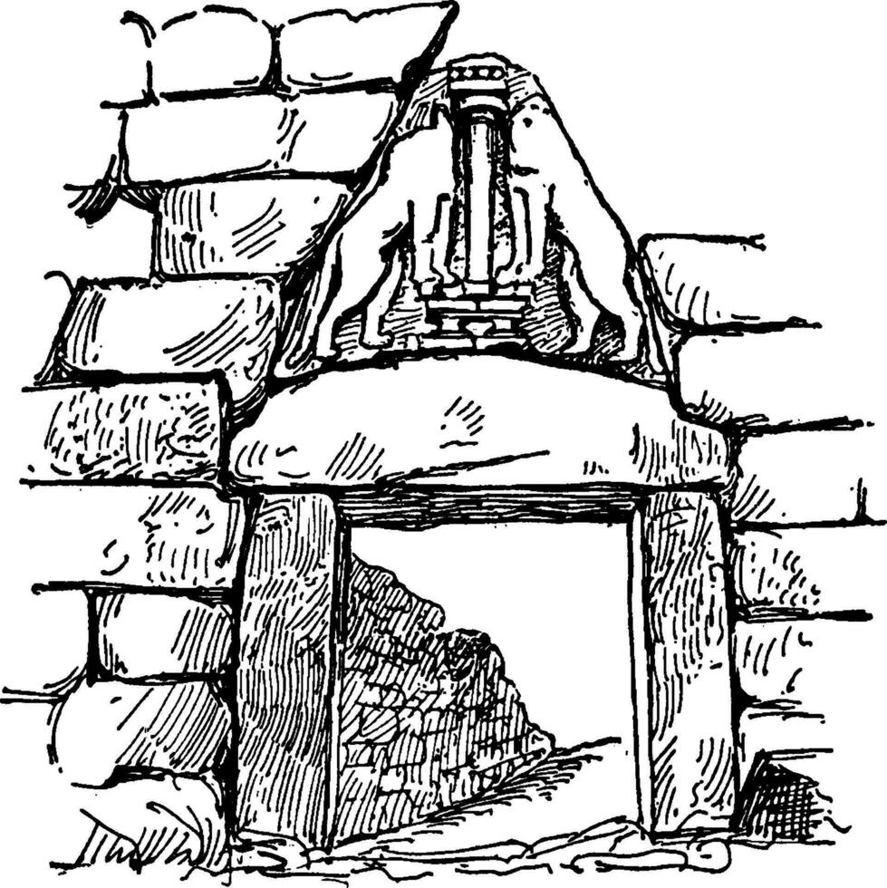 leeuw poort Bij mycene, Ingang door de stroomkring muur, wijnoogst gravure. vector