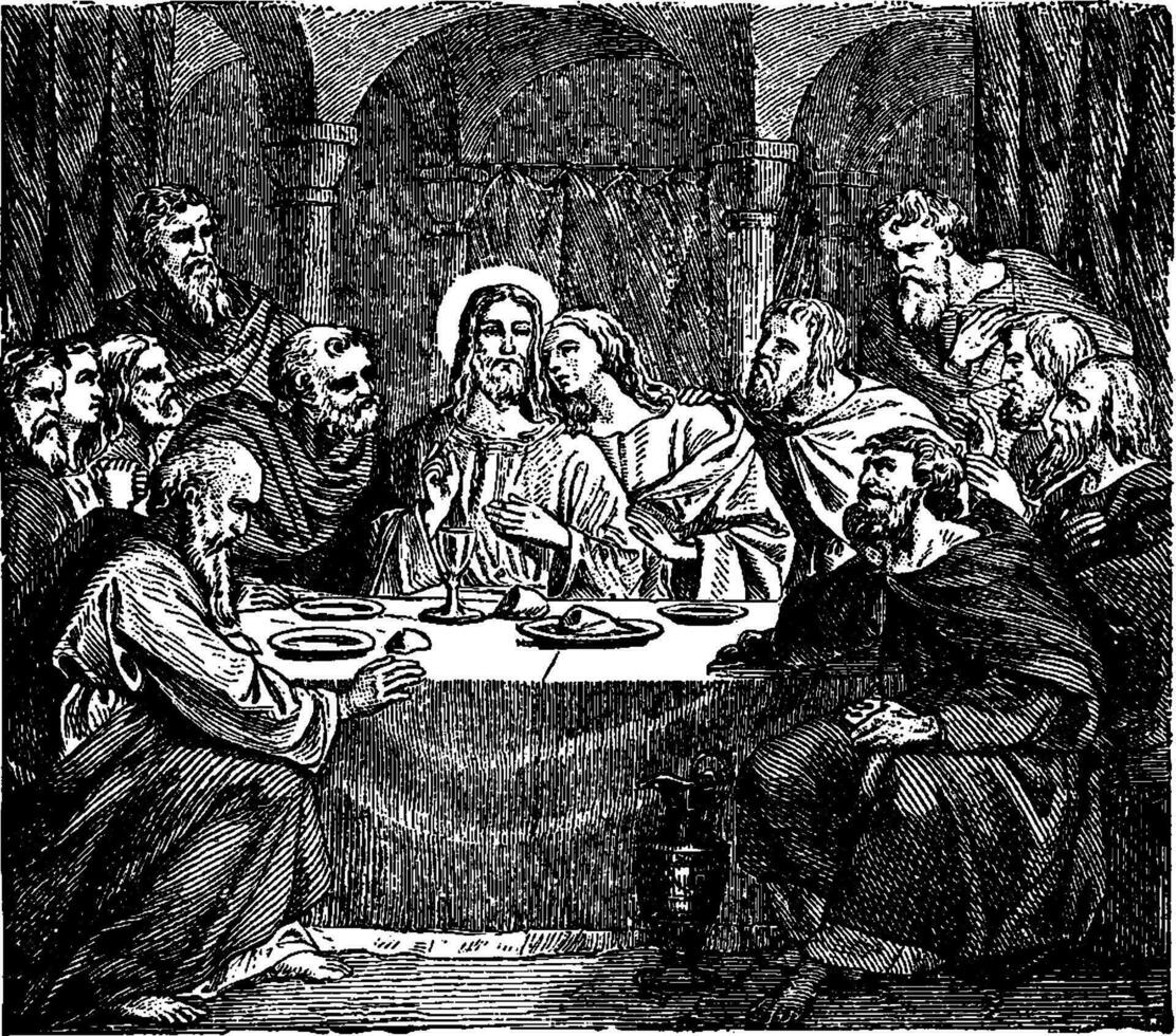 gemeenschap van de apostelen met Jezus Bij de laatste avondmaal wijnoogst illustratie. vector