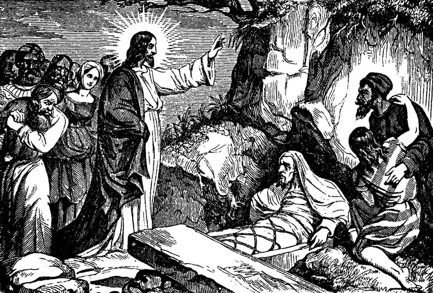 Jezus herleeft lazarus van bethany wijnoogst illustratie. vector