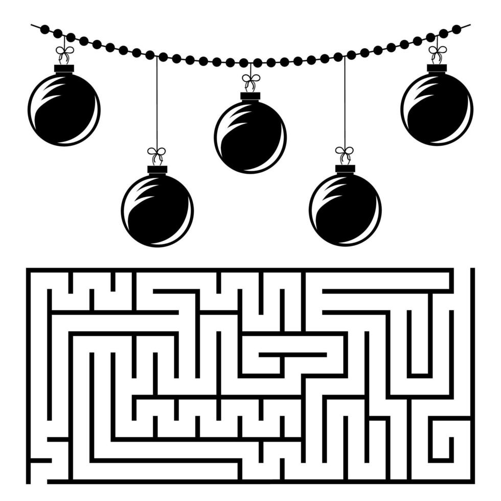 abstract rechthoekig doolhof met een zwart-wit foto. ronde kerstballen. een interessant en nuttig spel voor kinderen. eenvoudige platte vectorillustratie geïsoleerd op een witte achtergrond. vector