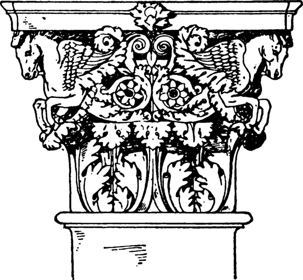 Romeins-Corinthisch pilaster hoofdstad, een blad en bloemen ontwerp, wijnoogst gravure. vector