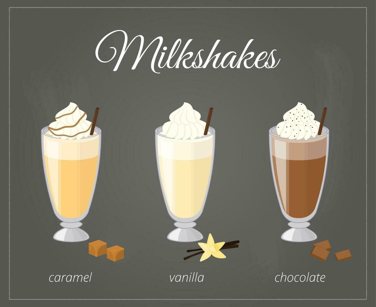 tekenfilm milkshakes in glas Aan schoolbord achtergrond. vector