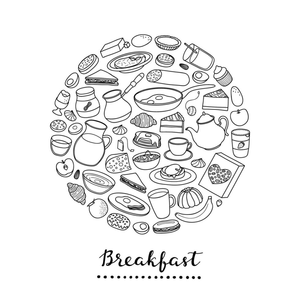 hand- getrokken ontbijt gerechten in cirkel. vector