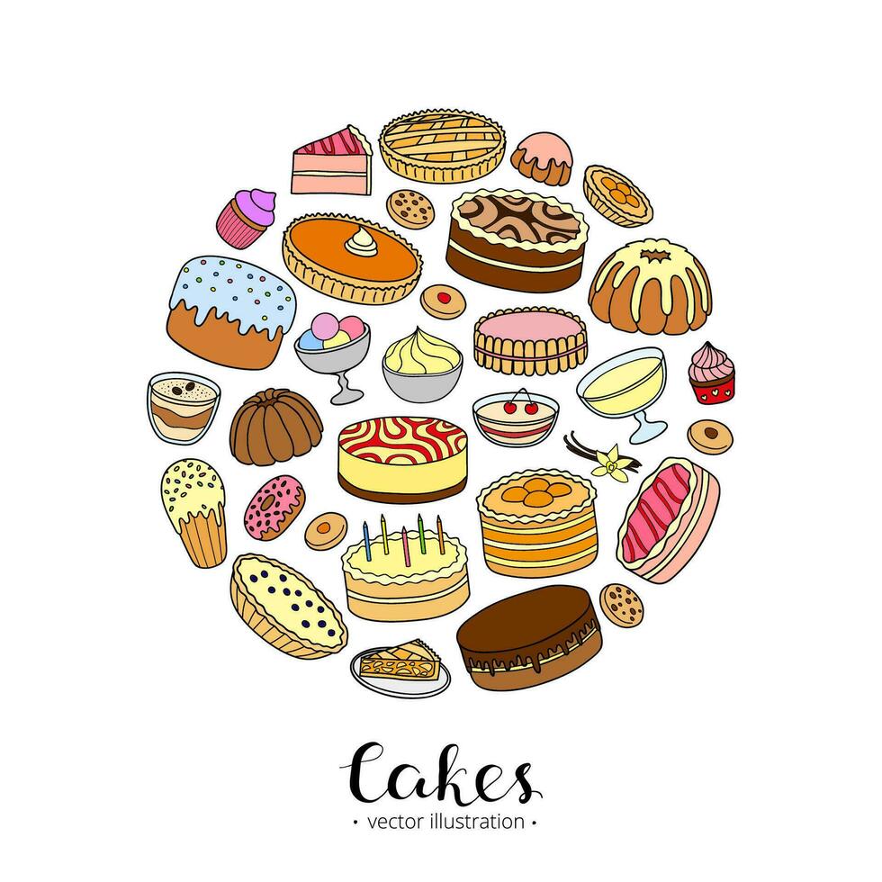 hand- getrokken cakes in cirkel. vector