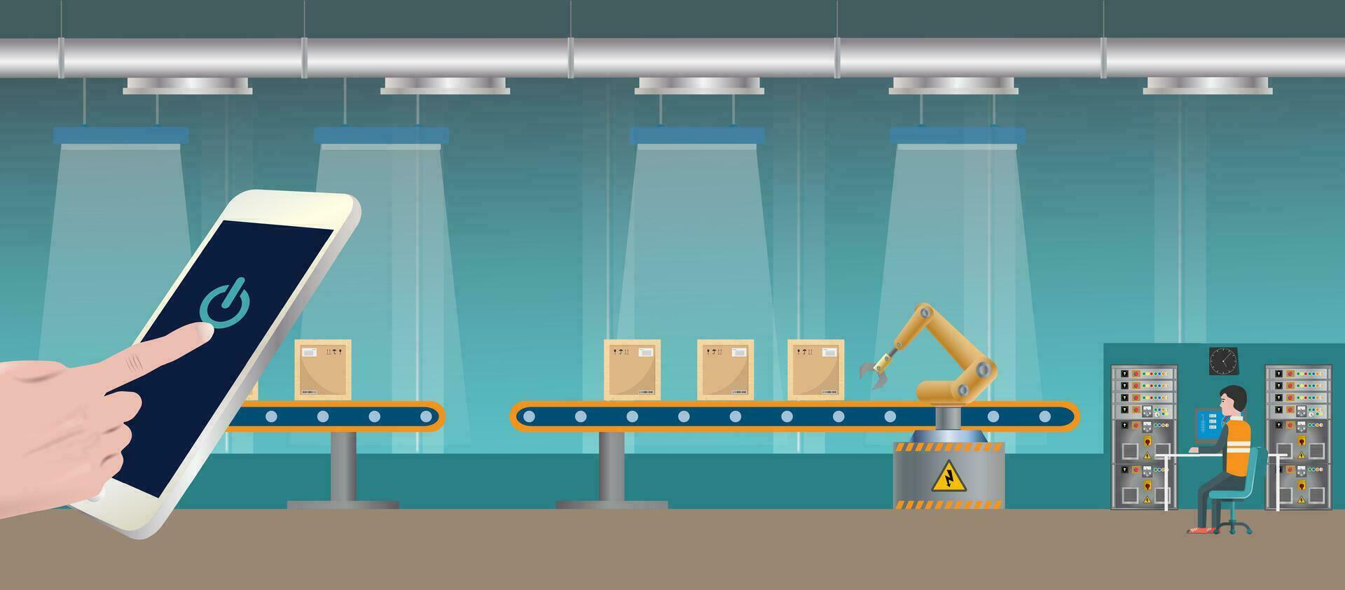 fabriek industrie achtergrond met een productie lijn met arbeiders, robot technologie, slim industrie 4.0. vector illustratie