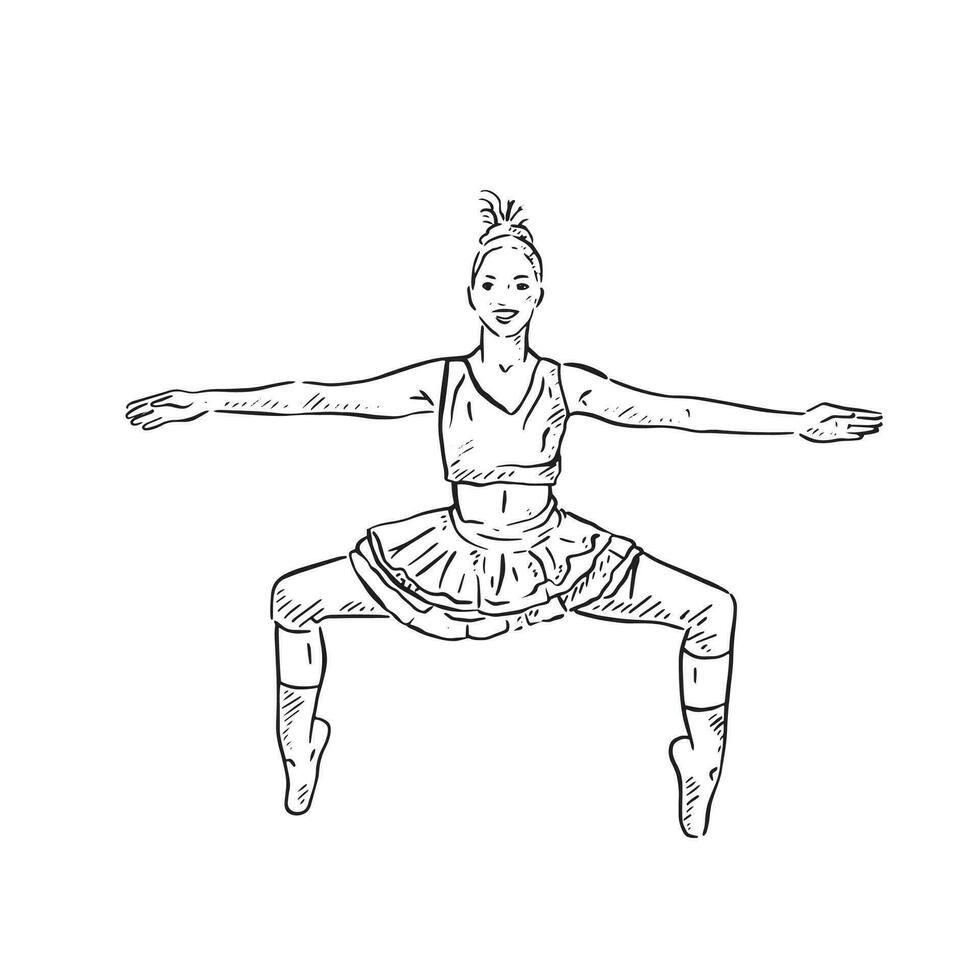 een lijn getrokken illustratie in zwart en wit van een danser in een rok. hand- getrokken Aan voortplanten vector
