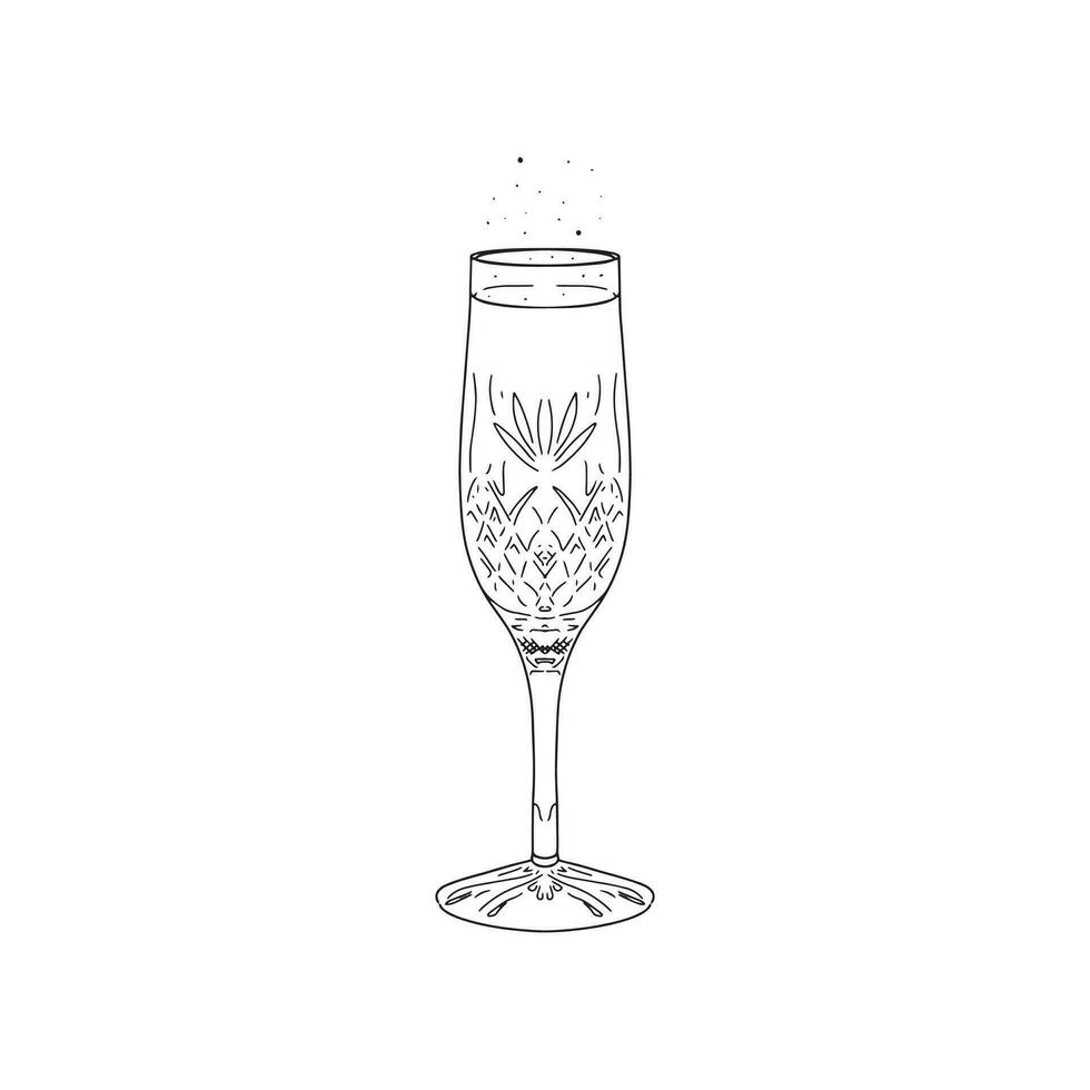 een lijn getrokken illustratie van een besnoeiing glas of kristal Champagne fluit met Champagne of prosecco. bubbels zijn knallen Bij de top. hand- getrokken Aan voortplanten gebruik makend van een appel potlood. vector