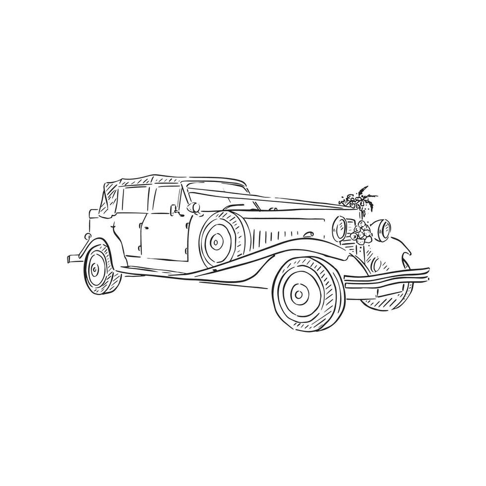 een lijn getrokken illustratie van een bruiloft auto. een klassiek voertuig hand- getrokken in zwart en wit. vector