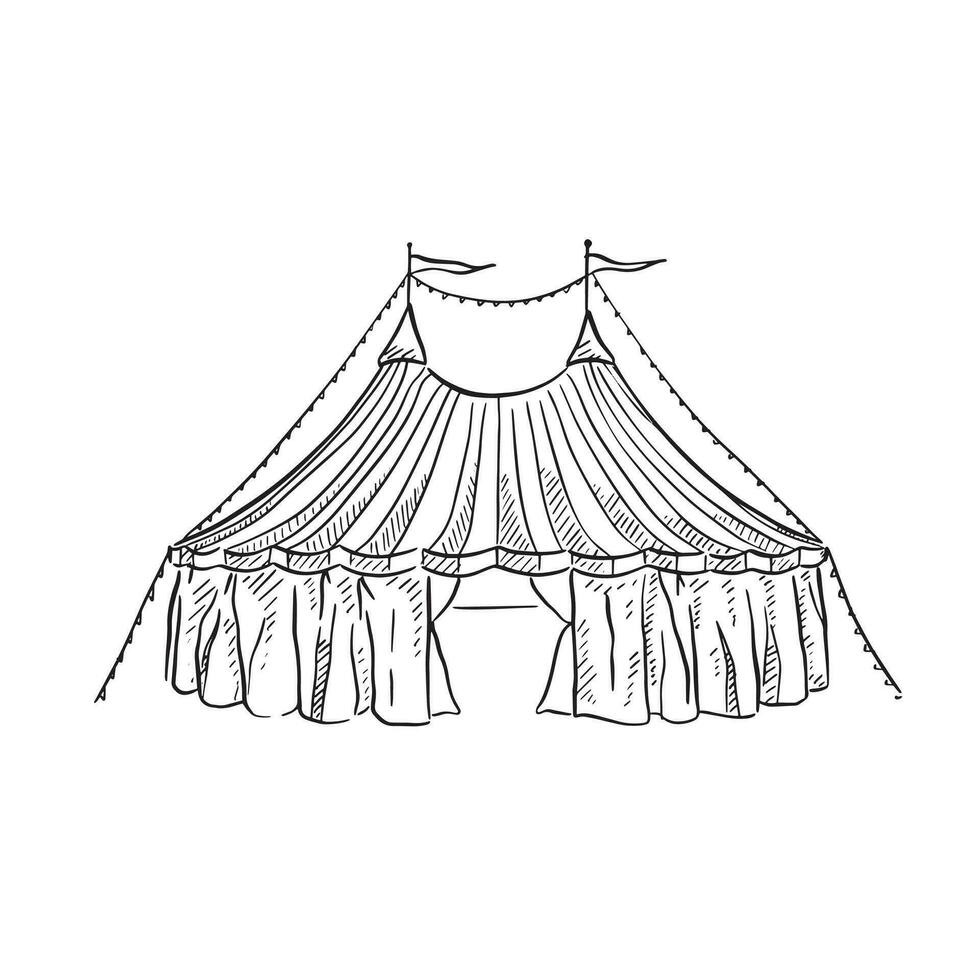 een lijn getrokken circus tent in zwart en wit met vlaggen Aan de top en twee toppen. hand- getrokken Aan voortplanten. vector