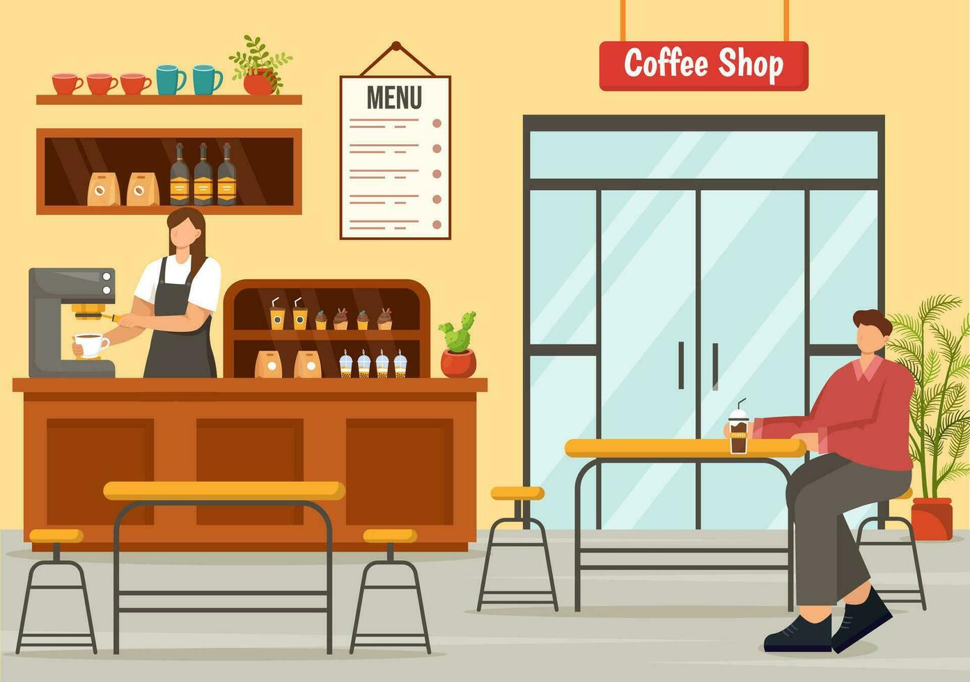 koffie winkel vector illustratie met interieur en meubilair geschikt voor poster of advertentie in vlak tekenfilm achtergrond ontwerp