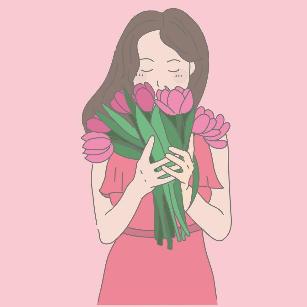 vrouw Holding bundel van tulpen, in de stijl van donker romantisch illustraties, licht roze, cartoonesk onschuld, geanimeerd gifa's, Hallo, romantisch illustraties, emotioneel uitdrukking vector