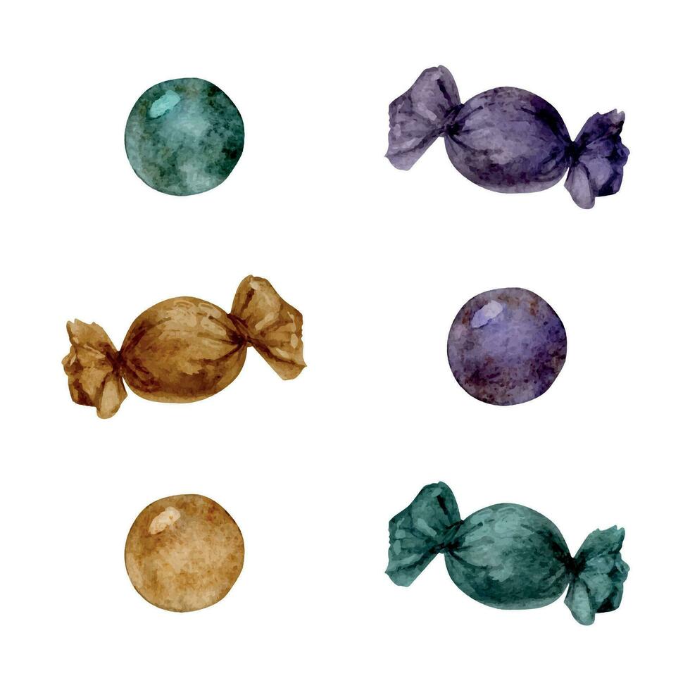 hand- getrokken waterverf mardi gras carnaval symbolen. snoep zoet bonbons, glas kralen confetti goud Purper groente. single voorwerp geïsoleerd Aan wit achtergrond. ontwerp voor partij uitnodiging, afdrukken, winkel vector