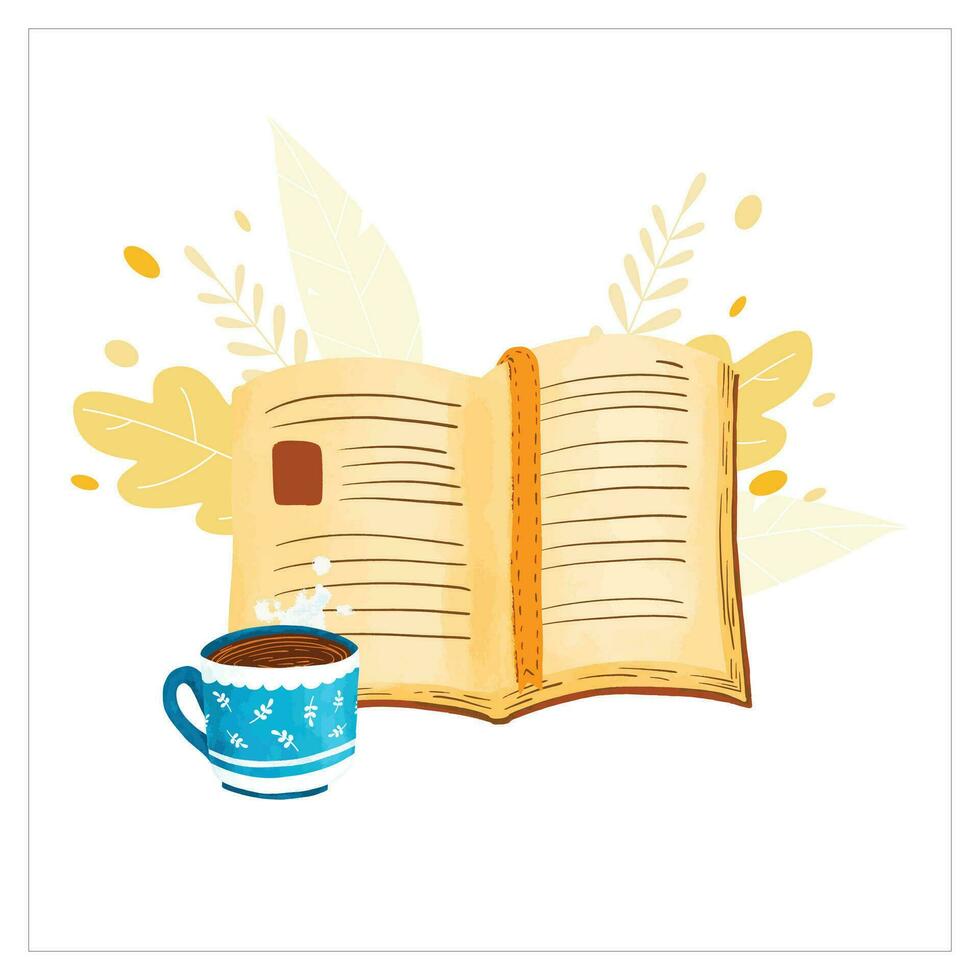 herfst lezen boek thee kom tot rust tijd decoratie bord gelukkig kleur verf trek vector illustratie ontwerp