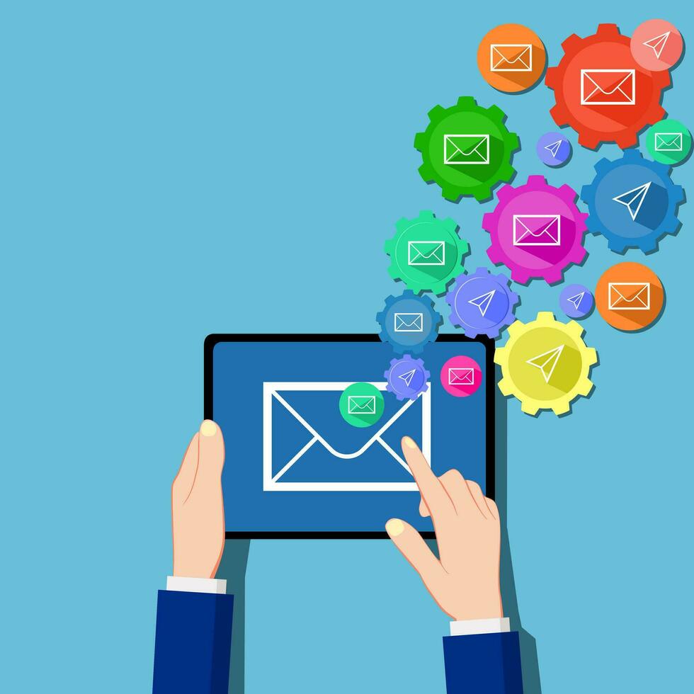 e-mail afzet vector, nieuwsbrief marketing, e-mail abonnement en druppelen campagne met pictogrammen vector