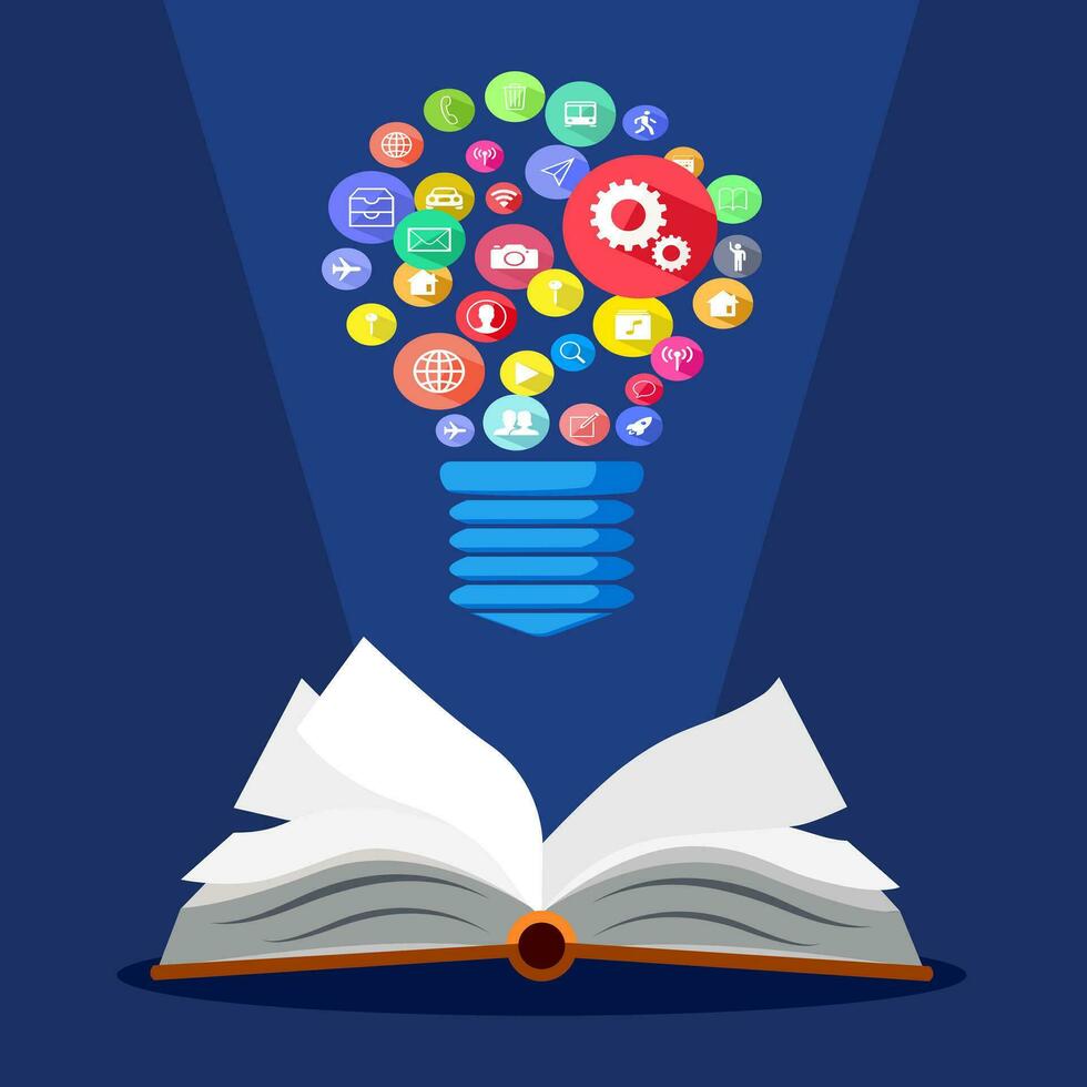 Open de boek en idee lamp.boek van ideeën. vector illustratie