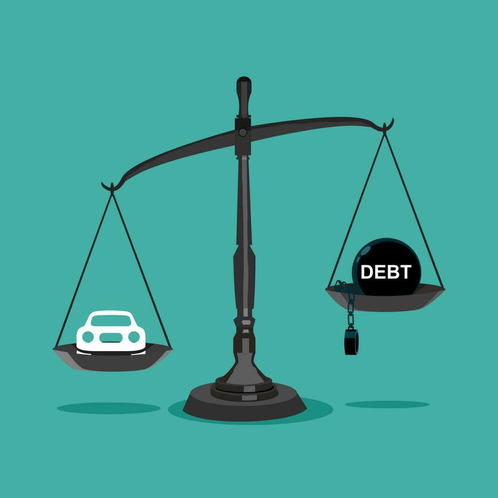 auto's en schulden Aan de schubben. de concept van hebben een auto lening. vector illustratie