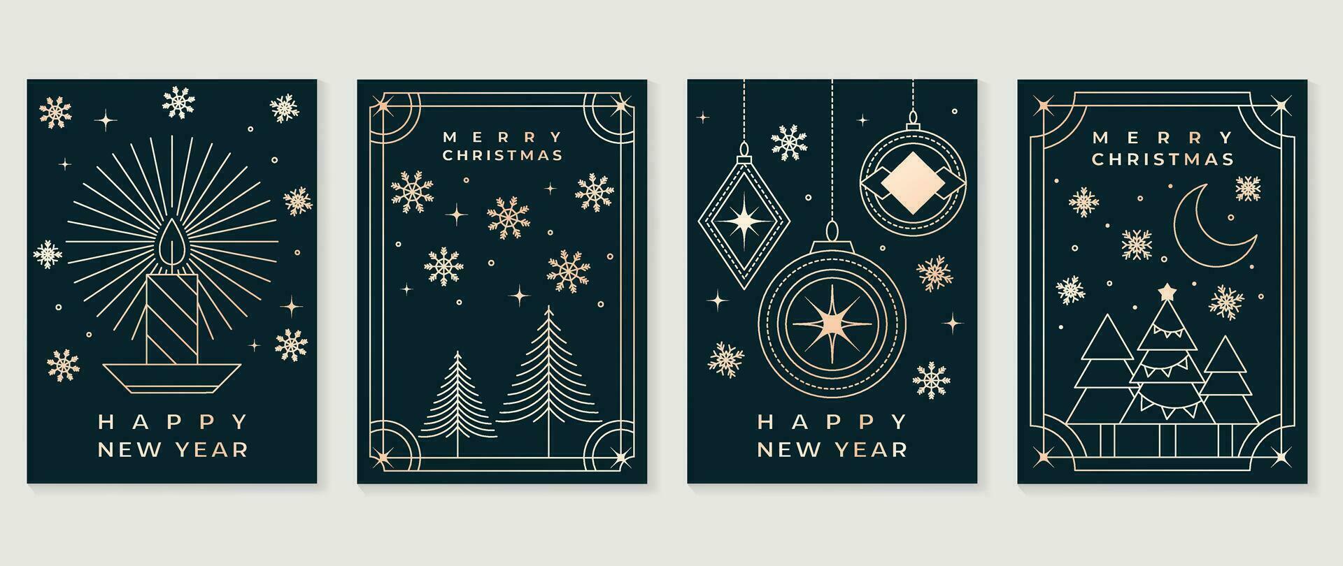 luxe Kerstmis uitnodiging kaart kunst deco ontwerp vector. Kerstmis boom, snuisterij bal, kaars, sneeuwvlok, maan lijn kunst Aan donker blauw achtergrond. ontwerp illustratie voor omslag, poster, behang. vector