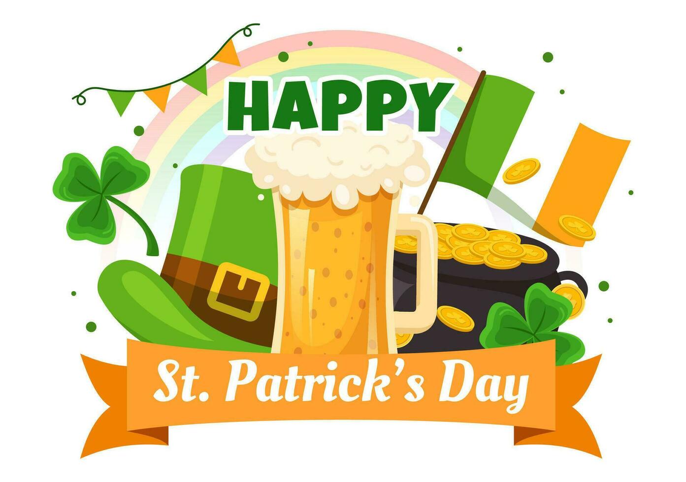 gelukkig st Patrick dag vector illustratie Aan 17 maart met gouden munten, groen hoed, bier kroeg en klaver in vlak tekenfilm achtergrond ontwerp