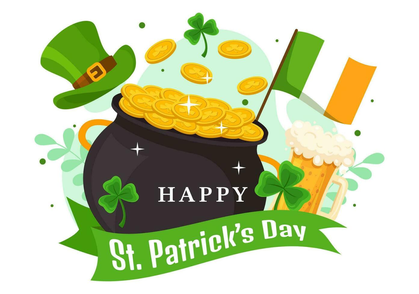 gelukkig st Patrick dag vector illustratie Aan 17 maart met gouden munten, groen hoed, bier kroeg en klaver in vlak tekenfilm achtergrond ontwerp