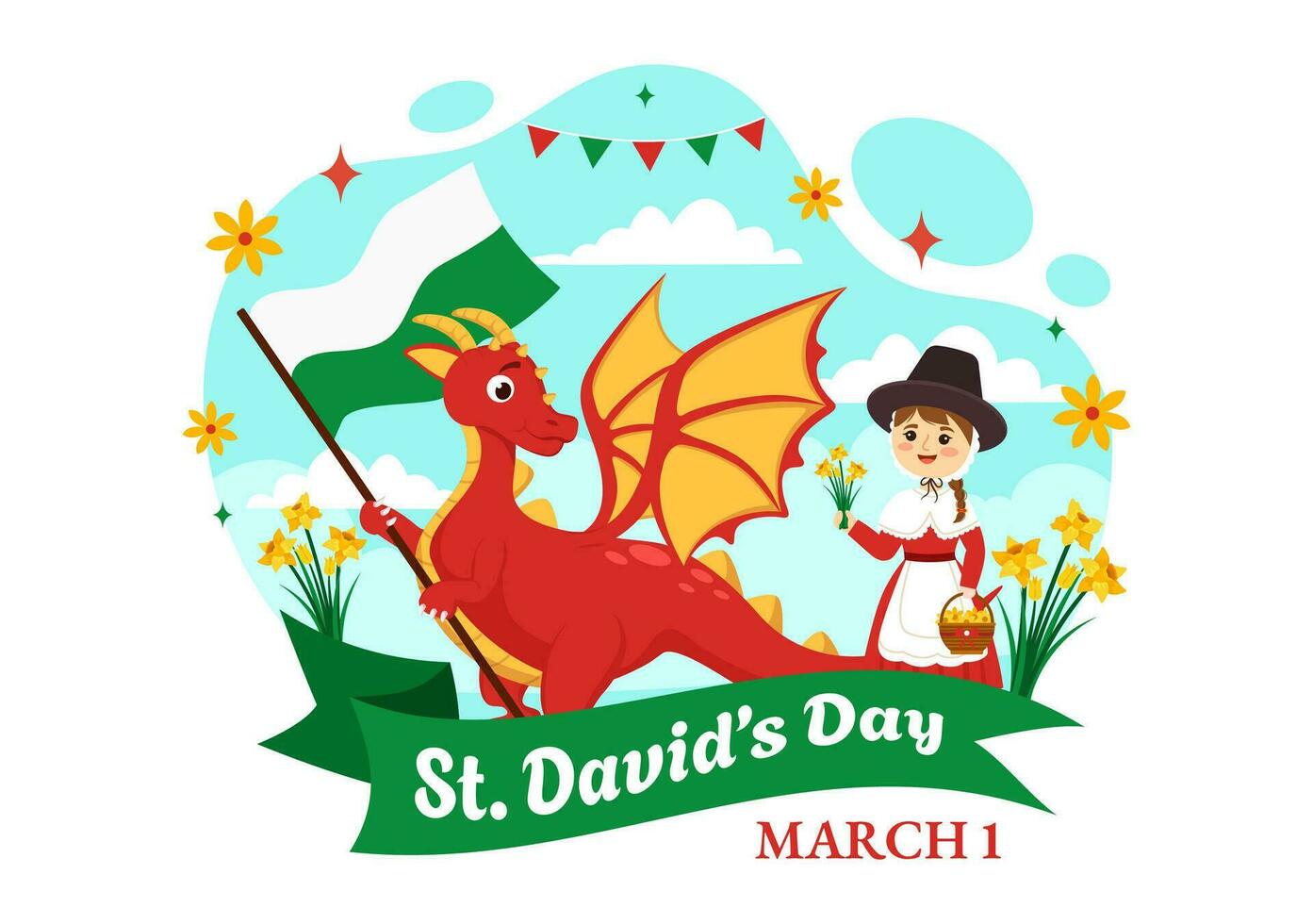 gelukkig st david's dag vector illustratie Aan maart 1 met kinderen, welsh draken en geel narcissen in viering vakantie tekenfilm achtergrond ontwerp