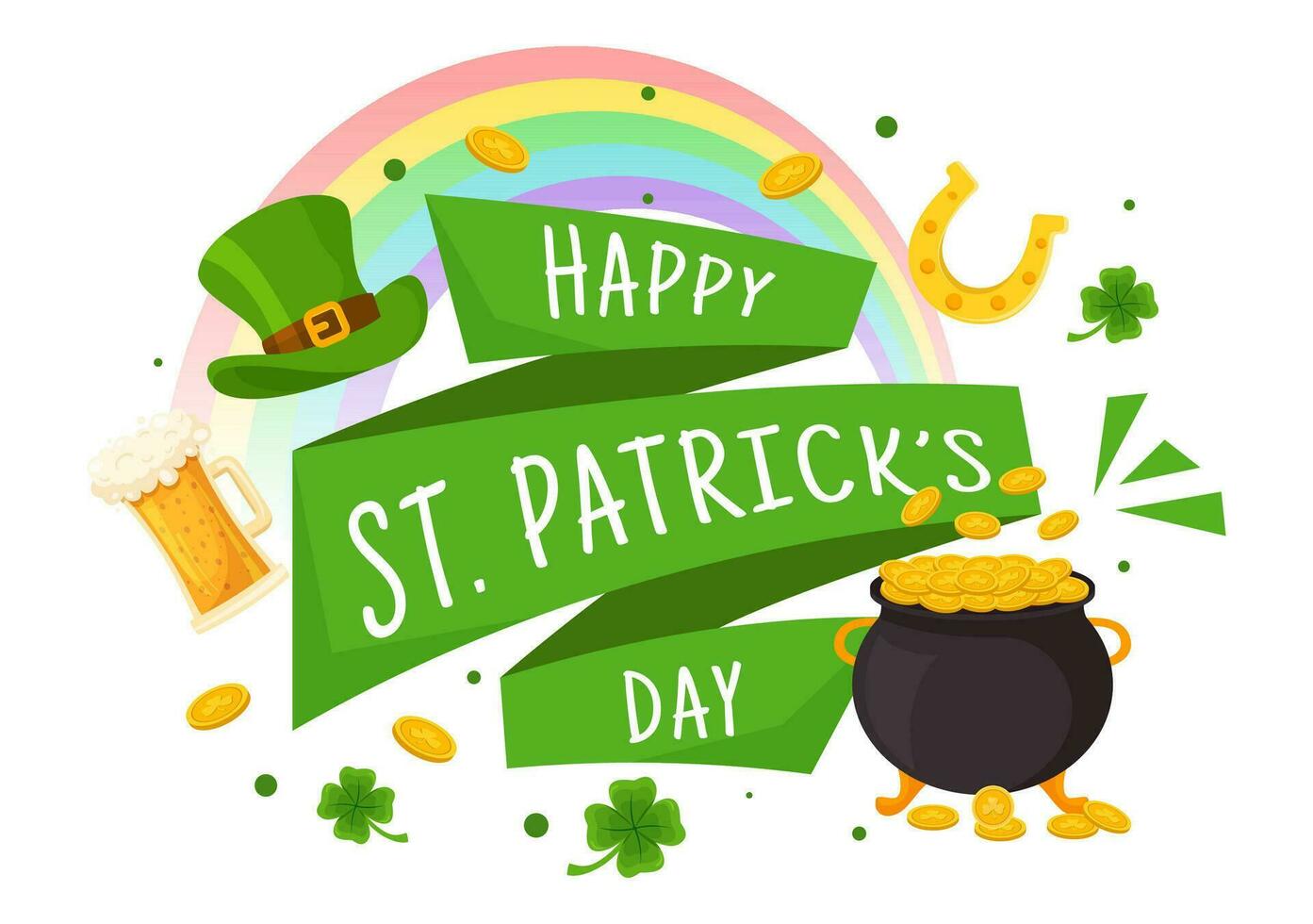 gelukkig st Patrick dag vector illustratie Aan 17 maart met gouden munten, groen hoed, bier kroeg en klaver in vlak tekenfilm achtergrond ontwerp