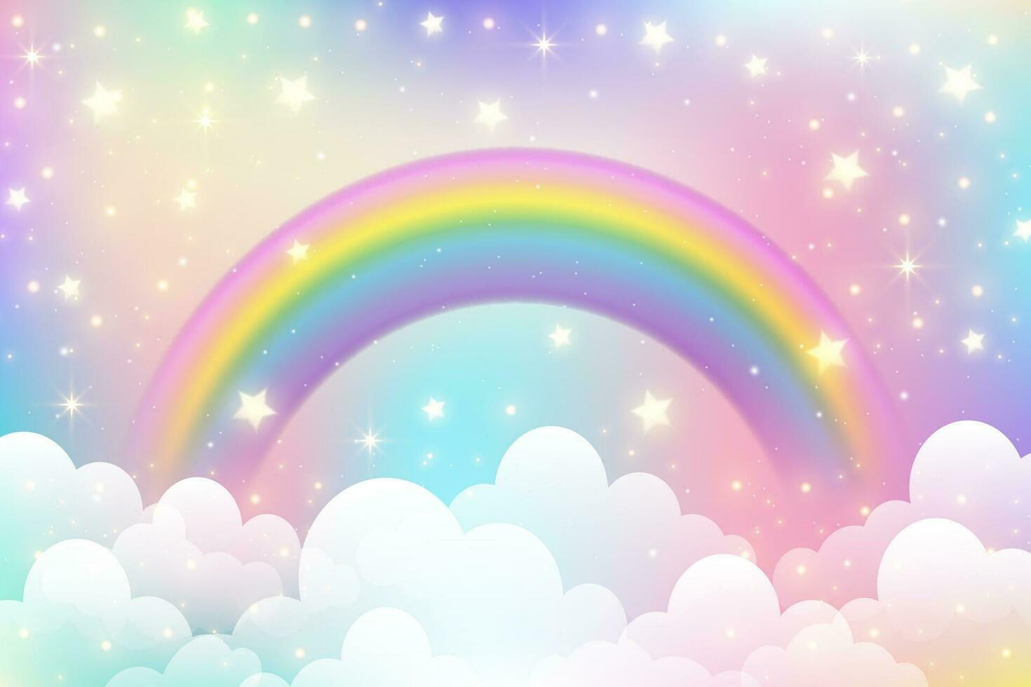 regenboog eenhoorn achtergrond. fantasie bewolkt roze lucht. schattig pastel vector tafereel met snoep kleuren. magie prinses landschap met fee sterren en schitteren.