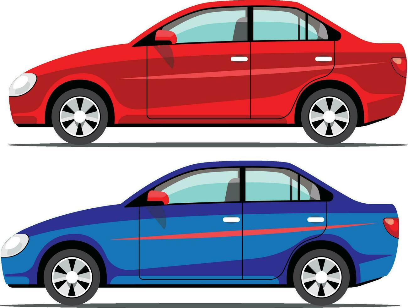 bundel vier auto's, auto met blauw kleur, sedan auto's voertuigen vervoer pictogrammen, tekenfilm privaat auto vector