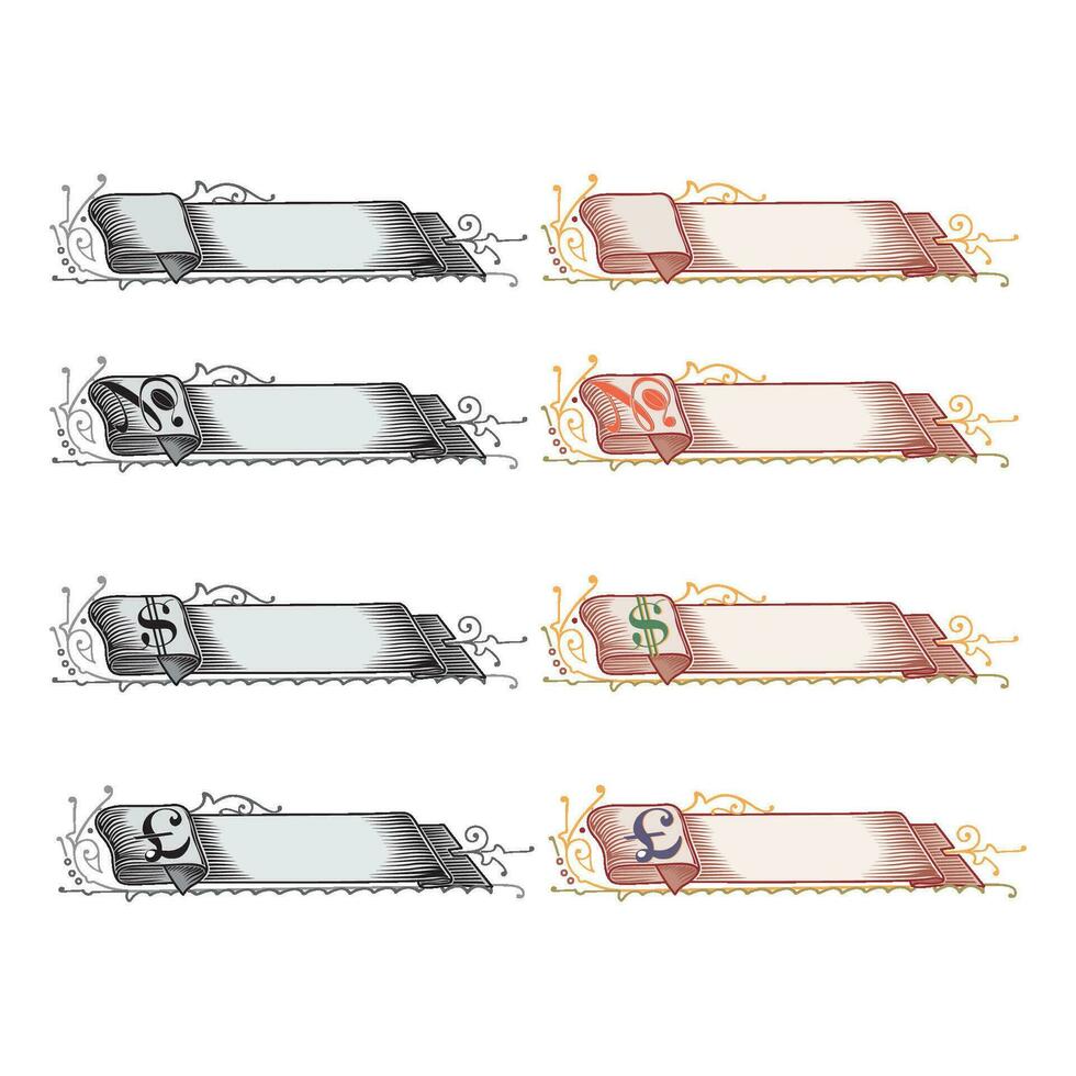 hand- getrokken horizontaal valuta banners reeks met retro stijl linten decoratie elementen geïsoleerd vector illustratie