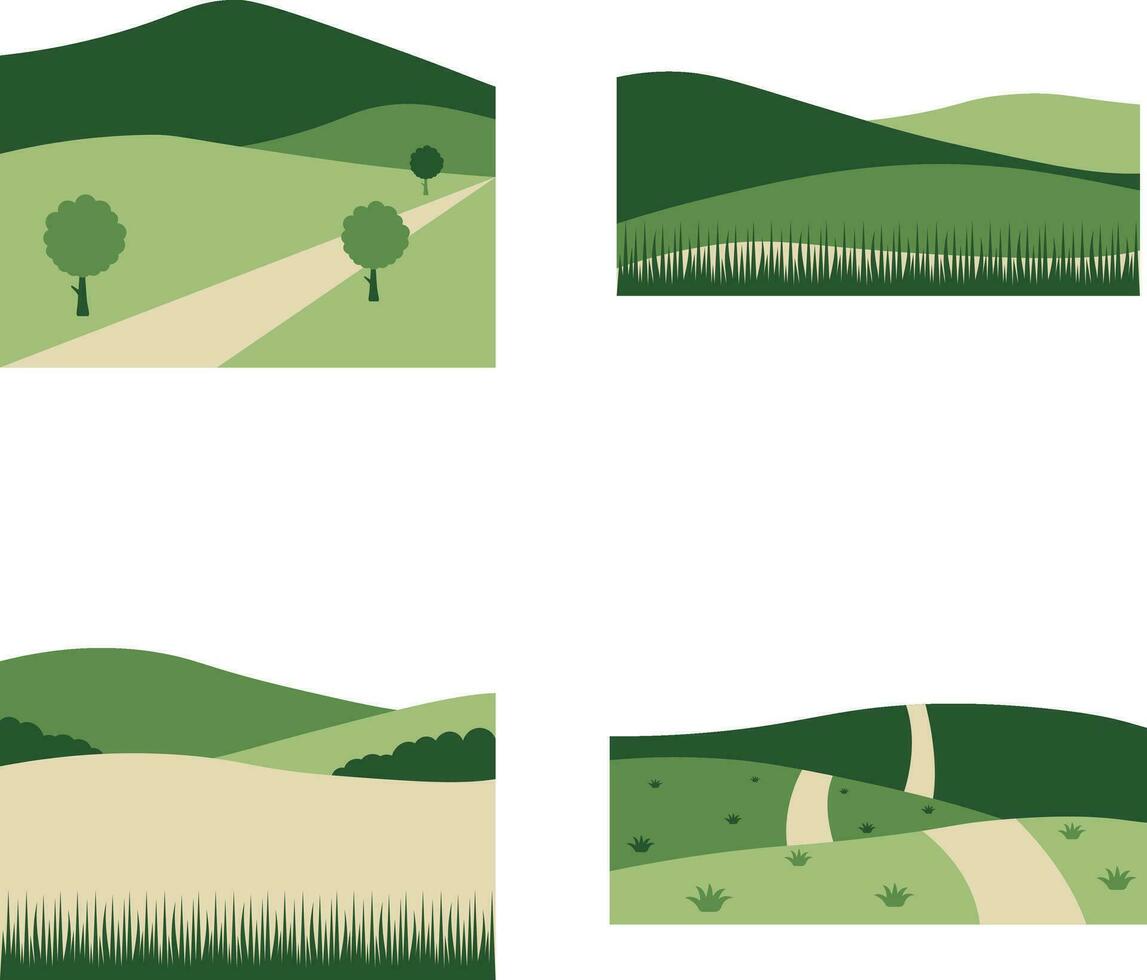 veld- groen heuvels met esthetisch ontwerp. geïsoleerd Aan wit achtergrond. vector illustratie set.