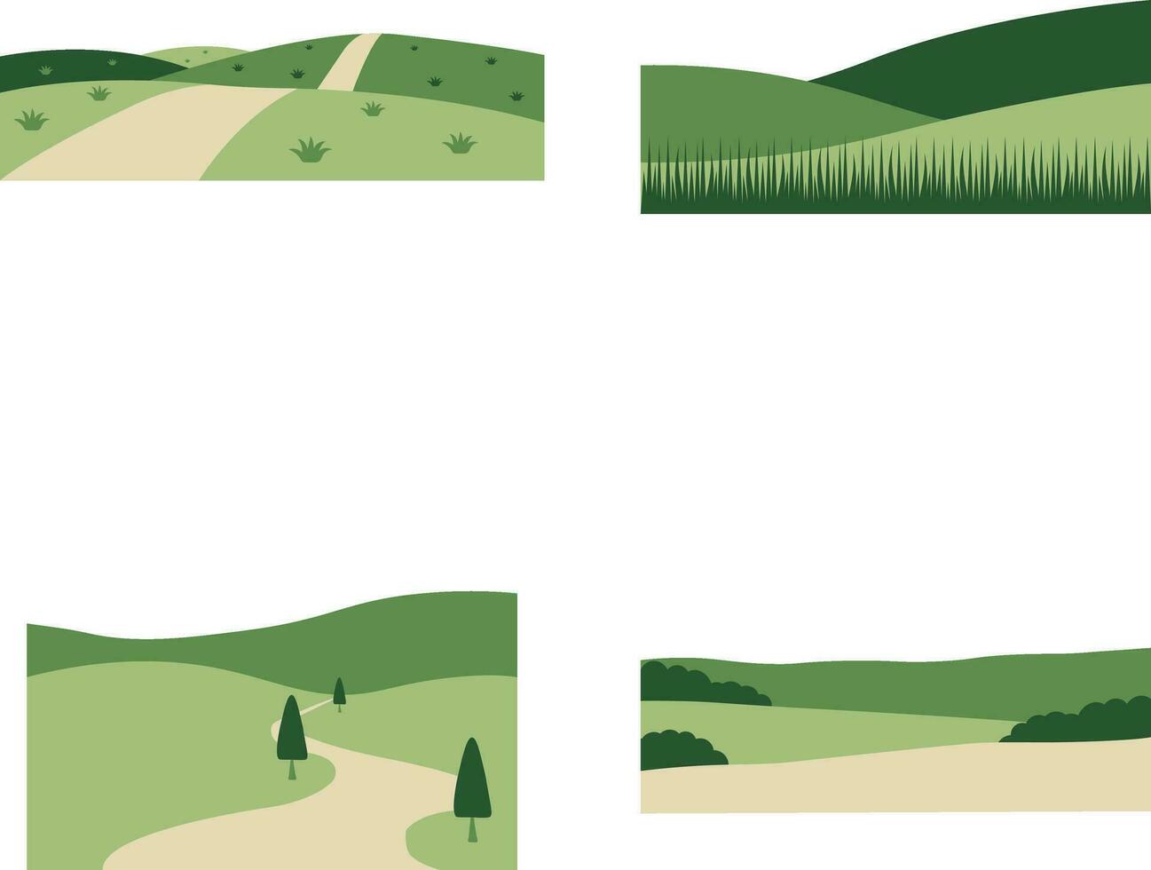 veld- groen heuvels met esthetisch ontwerp. geïsoleerd Aan wit achtergrond. vector illustratie set.