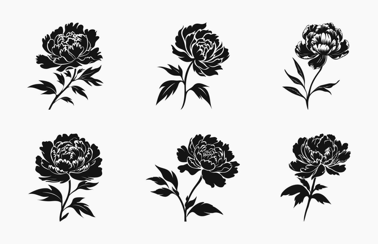 pioen bloem silhouet vector set, pioen bloemen clip art bundel