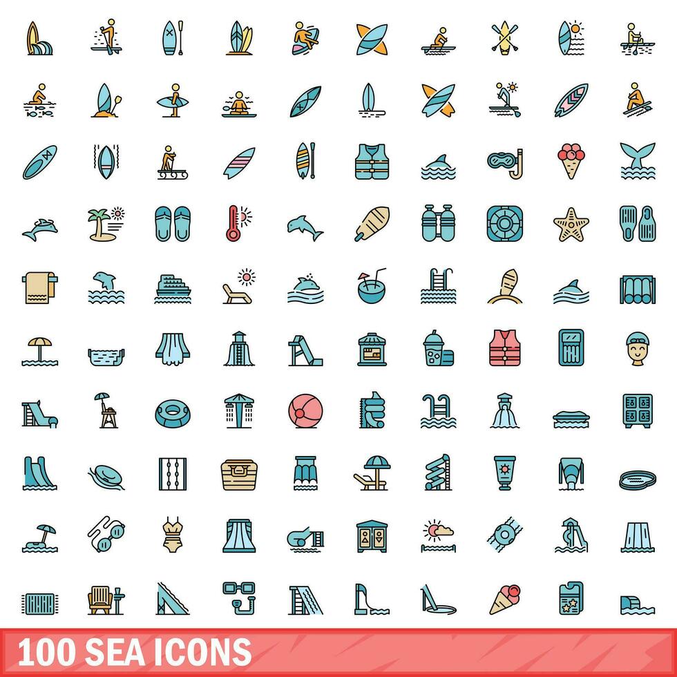 100 zee pictogrammen set, kleur lijn stijl vector