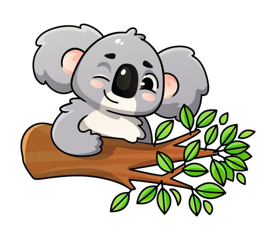 schattig koala knipoogt terwijl zittend Aan een boom tak, tekenfilm karakter. vector