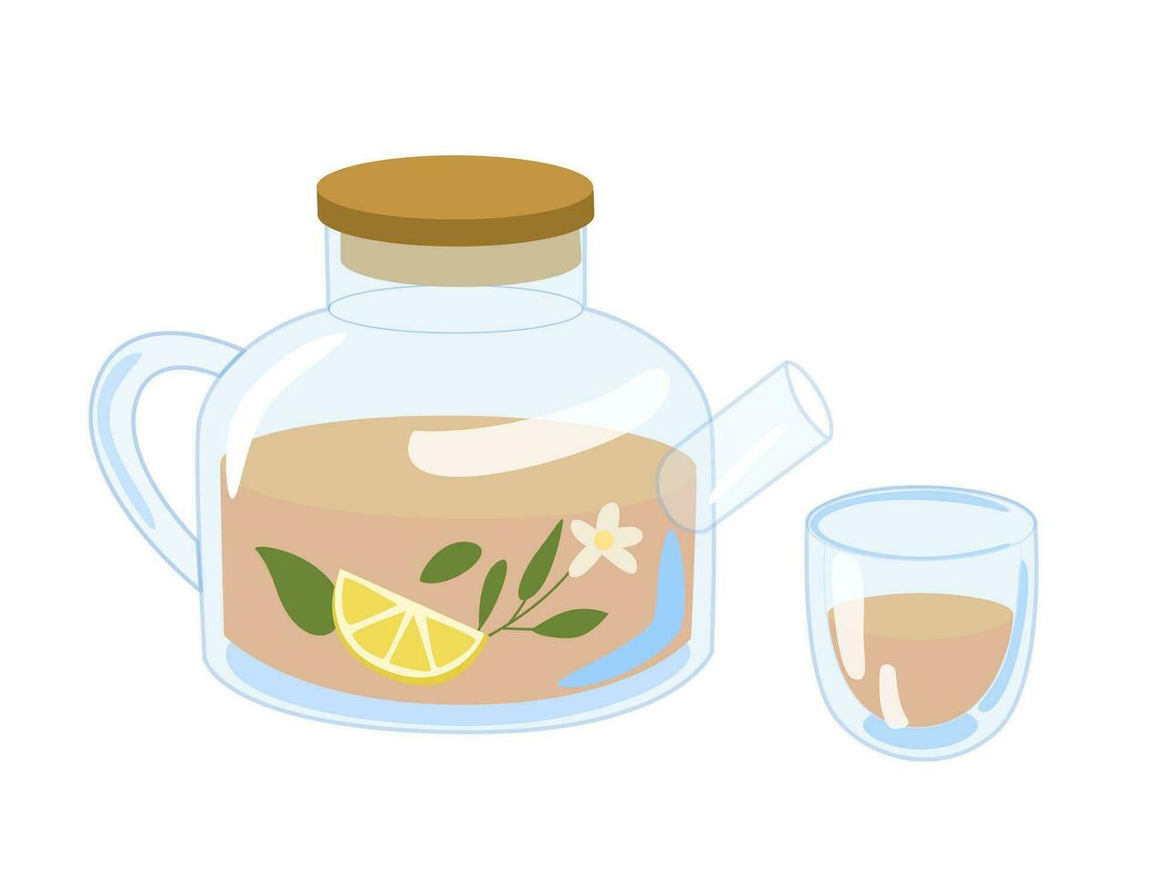 transparant glas theepot en mok, kruiden thee met citroen vector