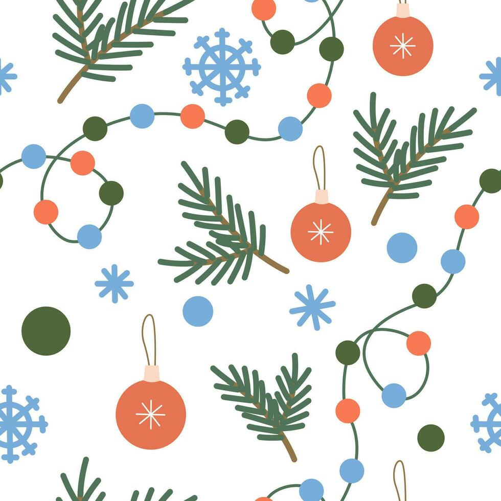 naadloos patroon met guirlande, Kerstmis bal en sneeuwvlokken vector