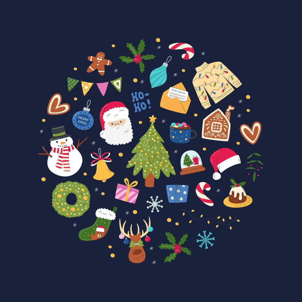 Kerstmis seizoensgebonden decor cirkel samenstelling. gelukkig nieuw jaar concept ontwerp met traditioneel symbolen. Kerstmis partij elementen. feestelijk ronde vormig hand- getrokken vlak vector illustratie Aan donker achtergrond